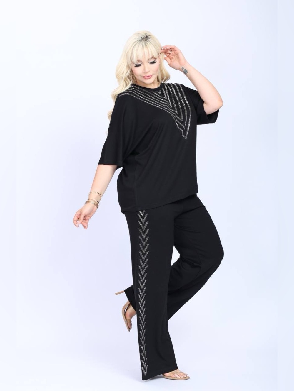 Plus Size Black Embellished Two-Piece Pant Set